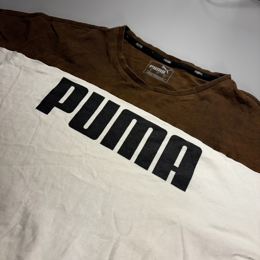 Puma Color Block T-Shirt Mens Small‎ Brown White Short Sleeve Logo